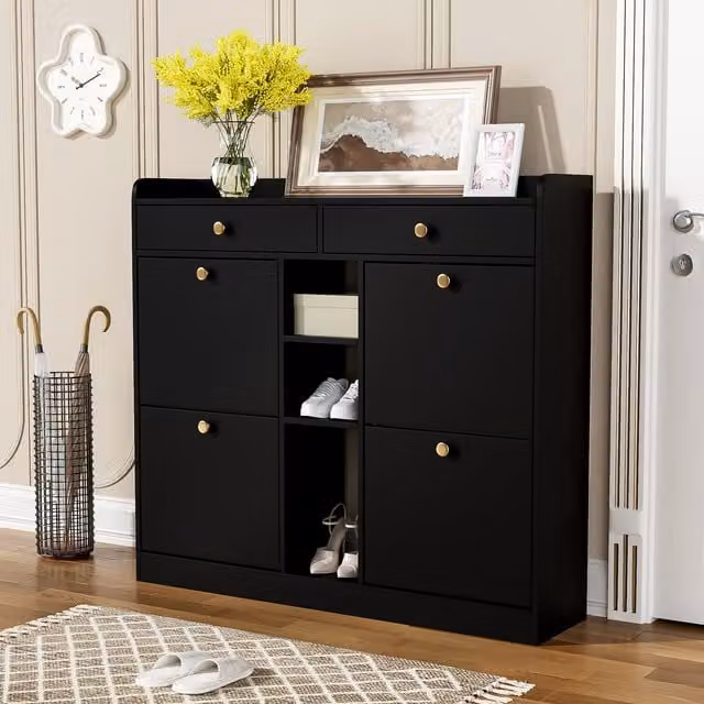 Zapatero MODENVIE negro con 4 puertas abatibles, 2 cajones y 3 nichos abiertos para recibidor, An/P/Al: 110 x 26 x 100 cm