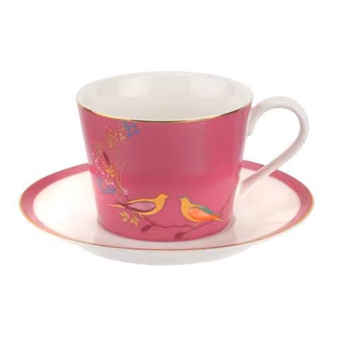 Taza de té con plato Portmeirion Chelsea de Sara Miller en cerámica rosa y multicolor con diseño floral