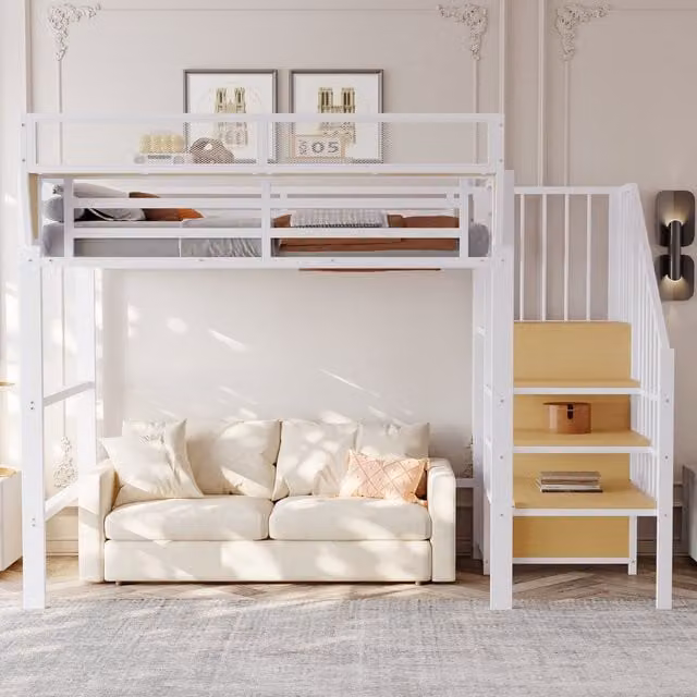 Cama alta individual DREAMMESPACE con escalera, estantes integrados y compartimentos de almacenamiento, An/P/Al: 90 x 200 x 140 cm, color blanco