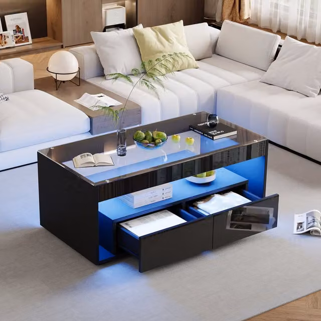 Mesa de centro moderna WISHDOR con tablero de vidrio y LED en color negro, An/P/Al: 100 x 50 x 40 cm