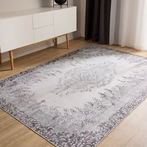 Alfombra Benuta Basic George de estilo vintage y diseño abstracto en negro y gris, lavable y antideslizante, An/P: 160 x 230 cm