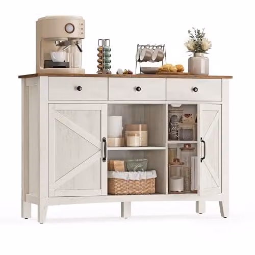 Aparador VASAGLE de estilo rústico con 3 cajones y 2 puertas para cocina, comedor o salón, en color blanco y marrón, An/P/Al: 114,6 x 40 x 80 cm