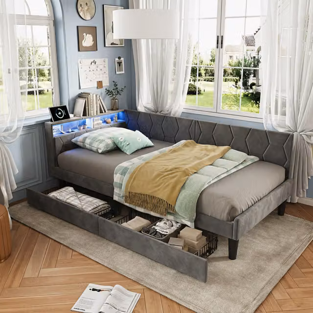 Cama NAHILIMI tapizada en gris con carga USB y USB-C, cabecero con estante y 2 cajones de almacenaje, An/P/Al: 90 x 200 x 75 cm