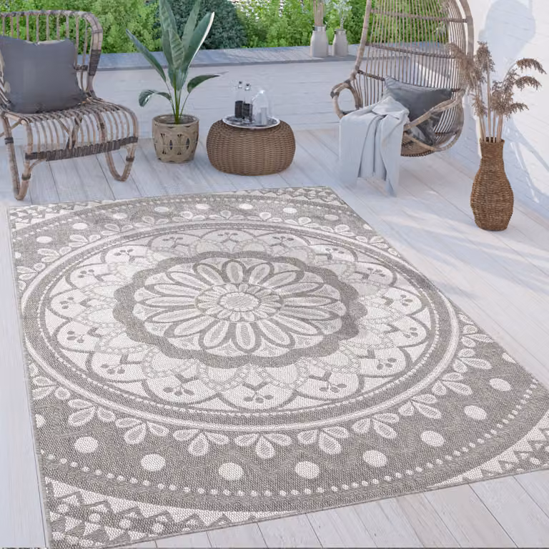 Alfombra Paco Home de diseño bohemio y étnico con motivo mandala para exterior, terraza o jardín, color gris, tejido plano de polipropileno, An/P: 80 x 250 cm