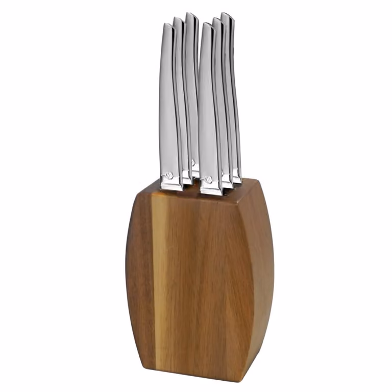 Set de 6 cuchillos para carne Lou Laguiole de acero inoxidable con bloque de madera de acacia en color marrón y plata