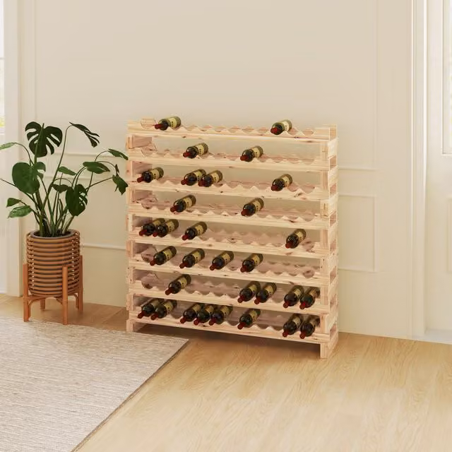 Botellero para 96 botellas PZCC con 8 niveles ajustables en madera natural color marrón y beige, An/P/Al: 114 x 28 x 113,5 cm