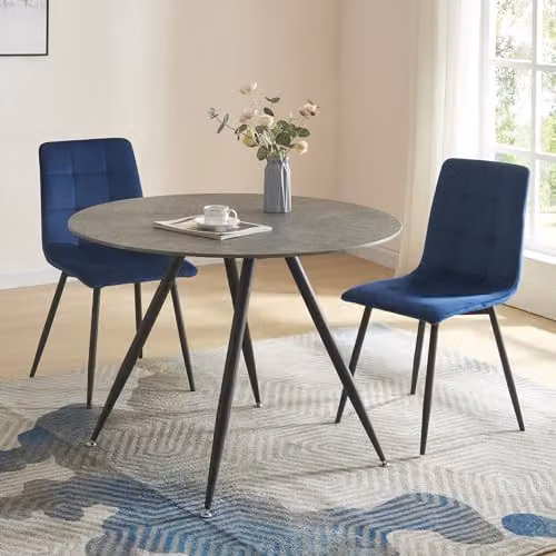 Mesa de comedor redonda en.casa Fitjar para 4 personas con acabado efecto hormigón en gris y negro, patas de acero y tablero de MDF, Diámetro: 100 cm, Altura: 75 cm