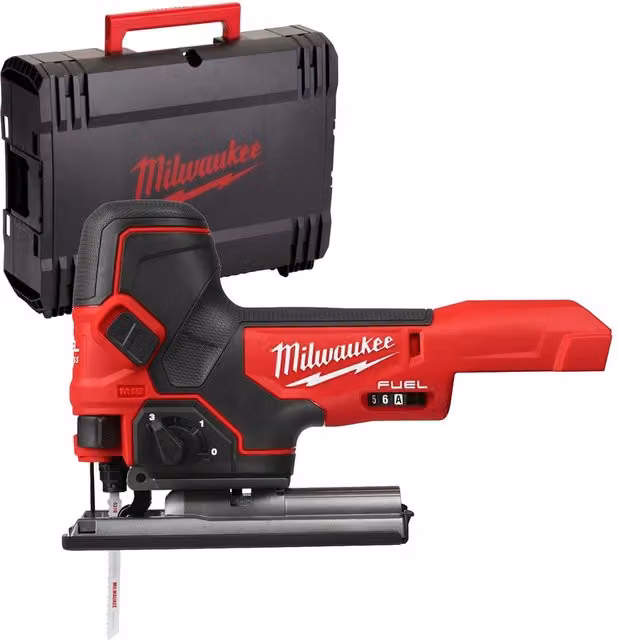 Sierra de calar Milwaukee M18 FBJS-0X con batería recargable en rojo y negro