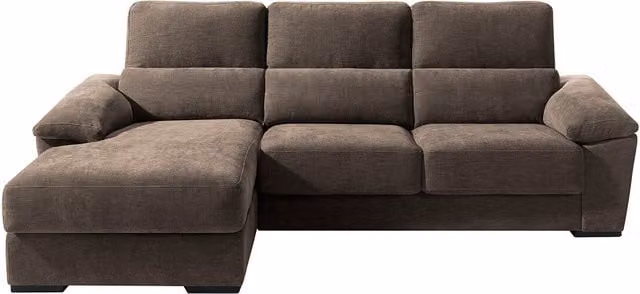 Sofá Cloud de El Corte Inglés de 5 plazas tapizado en color marrón con chaise longue izquierda, asientos deslizantes y arcón de almacenamiento