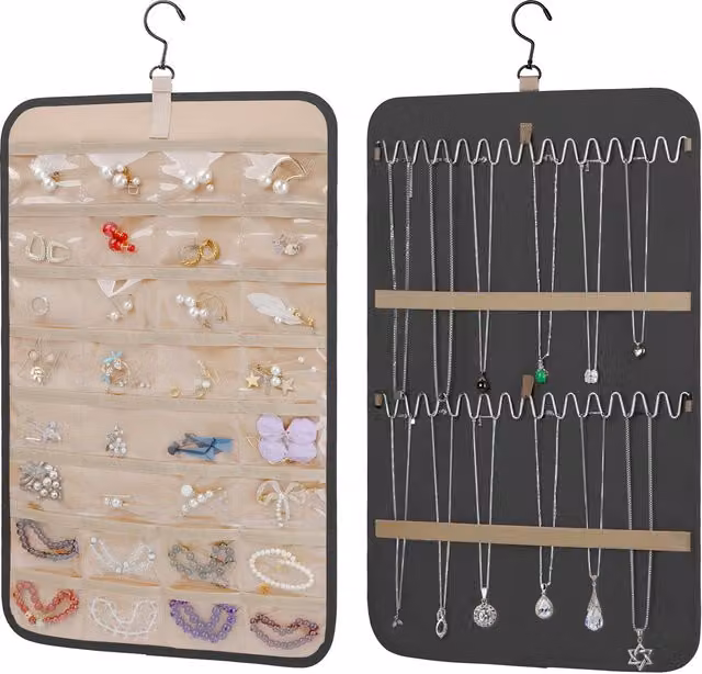 Organizador de pared para joyas Infinite con rotación de 360 grados, bolsillos transparentes y 32 ganchos, Negro/Rosa, An/P/Al: 14 x 14 x 23 cm