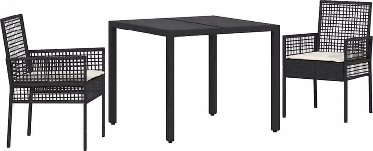 Conjunto de comedor de jardín Syfax de 3 piezas en ratán sintético negro con mesa de cristal de diseño minimalista