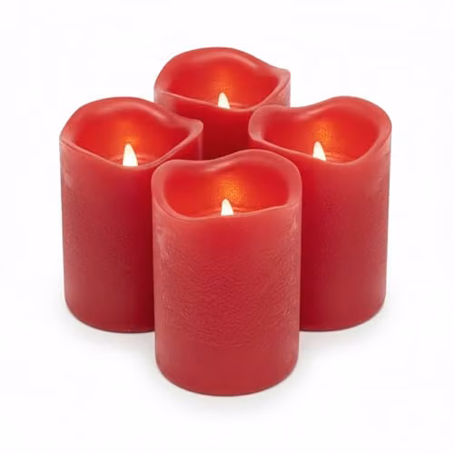 Juego de 4 velas LED ToCi de cera real color rojo con efecto parpadeante y temporizador, diámetro: 5 cm, altura: 7 cm