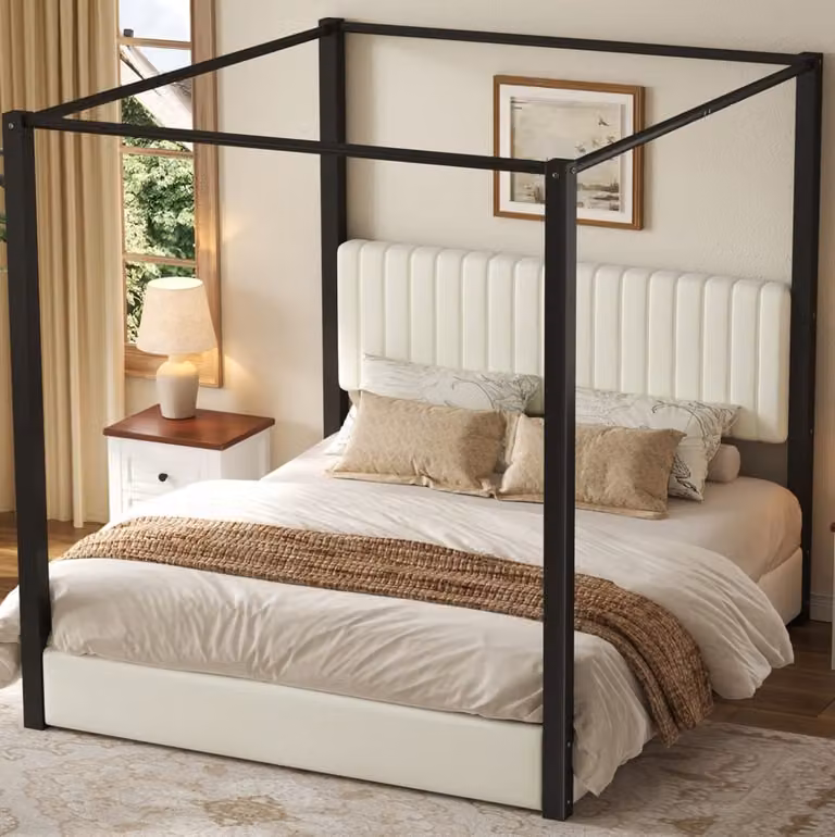 Cama con dosel OKWISH en terciopelo beige y negro con cabecero, An/P/Al: 180 x 200 x 220 cm