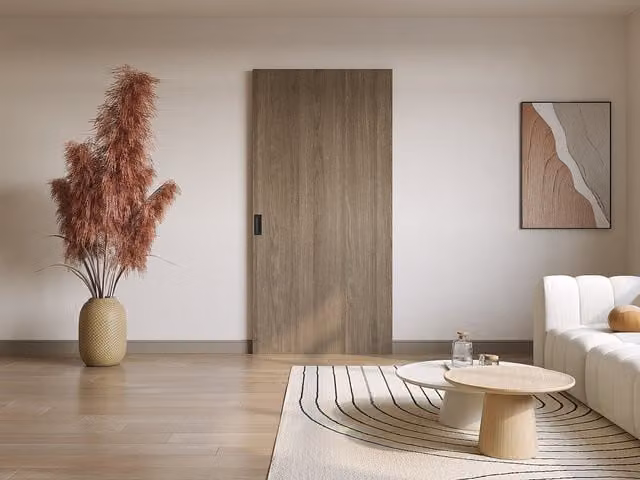Puerta corredera Bocazi de madera y MDF con raíl invisible, color marrón, An: 103 cm, Al: 210 cm