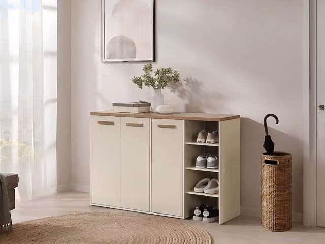Zapatero Skaido Vente-Unique con 3 puertas y estantes, color beige y natural claro, An/P/Al: 120 x 30 x 80 cm