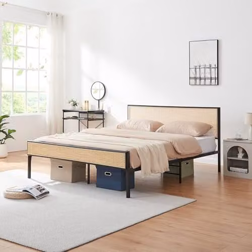 Cama de metal en.casa Linköping con cabecero rectangular de efecto ratán y acabado negro mate, An/P/Al: 160 x 200 x 90 cm