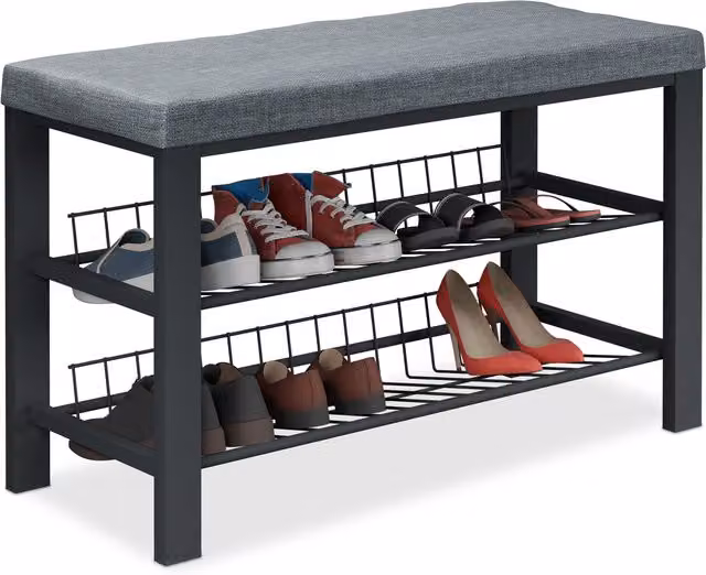 Banco zapatero acolchado Relaxdays con 2 niveles, de tela y metal, An/P/Al: 50,5 x 33 x 82 cm, gris y negro