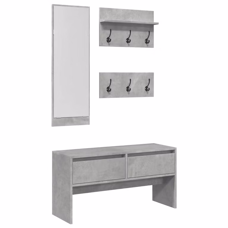 Set de 4 piezas de muebles de recibidor vidaXL estilo industrial en madera MDF color gris hormigón con banco, espejo y estante de pared