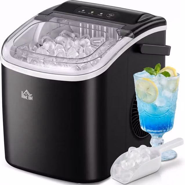 Máquina de hielo portátil HOMCOM negra con capacidad de 12 kg en 24h, depósito de 1,3 l y pantalla digital, An/P/Al: 29 x 29,4 x 29,4 cm