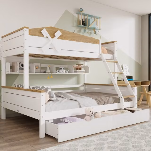 Litera infantil MODFU con dos cajones, escalera angular y estantes, color blanco y madera natural de pino, An/P/Al: 205 x 120 x 155 cm