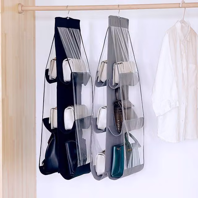 Organizador colgante de bolsos Elle de 2 piezas con 6 bolsillos, color negro, gris y transparente