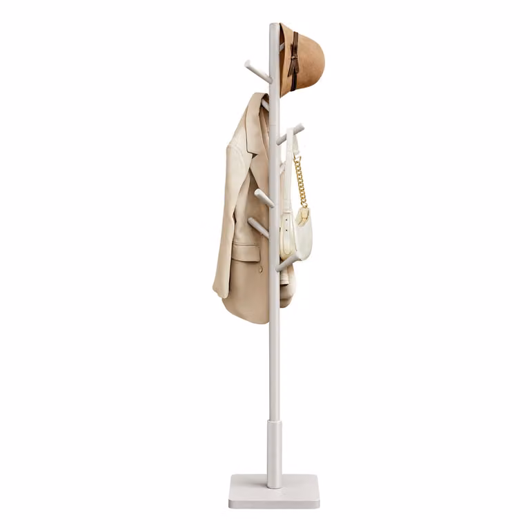 Perchero de pie VASAGLE de madera de caucho y MDF con 8 ganchos, diseño minimalista, blanco
