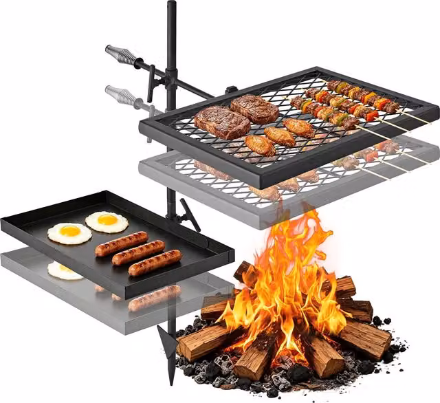 Parrilla de camping giratoria Vevor de dos niveles con pie en acero color negro para fogatas de leña