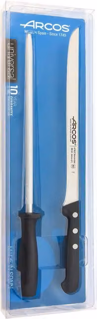 Set de jamonero profesional Arcos Serie Universal con cuchillo de despiece y chaira en estuche, acero inoxidable, color negro y plata