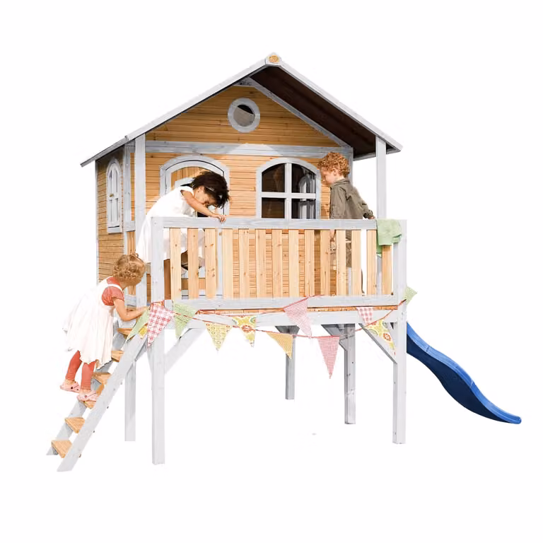 Casita de juegos infantil Axi con tobogán de madera en marrón, blanco, azul y verde