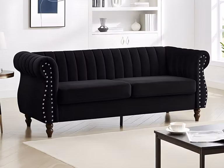 Sofá Chesterfield de 3 plazas TRUMBO en terciopelo negro con estructura de madera sólida y fundas extraíbles An/P/Al: 195 x 78 x 77 cm
