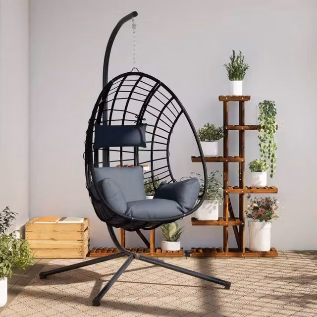 Sillón colgante tipo huevo vidaXL con estructura de metal y ratán antracita y cojines incluidos