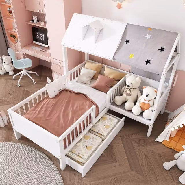 Cama casita infantil multifuncional REDOM con tienda, cojín y cajones en madera blanca, An/P/Al: 90 x 200 cm (sin colchón)