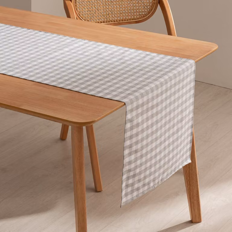 Camino de mesa rectangular GAMUSI de algodón con diseño vichy a cuadros, antimanchas e impermeable, color gris claro, An/P/Al: 170 x 45 cm