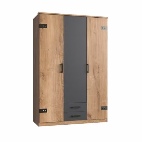 Armario de 3 puertas y 2 cajones CaliCosy para dormitorio, diseño moderno en color roble marrón, An/P/Al: 135 x 58 x 199 cm