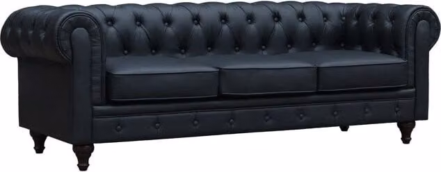 Sofá Chesterfield Aliza de 3 plazas en color negro con tapicería de piel sintética y estructura de madera sólida An/P/Al: 208 x 70 x 70 cm