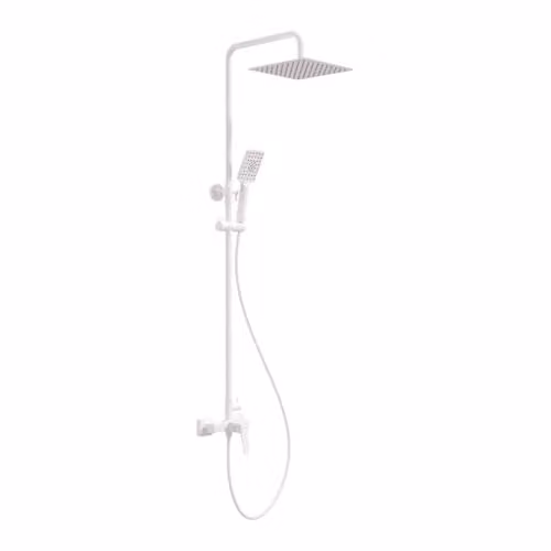 Columna de ducha Blevo con mezclador, teleducha y cabezal de lluvia en acero inoxidable acabado blanco mate, montaje en pared, Altura: 146 cm