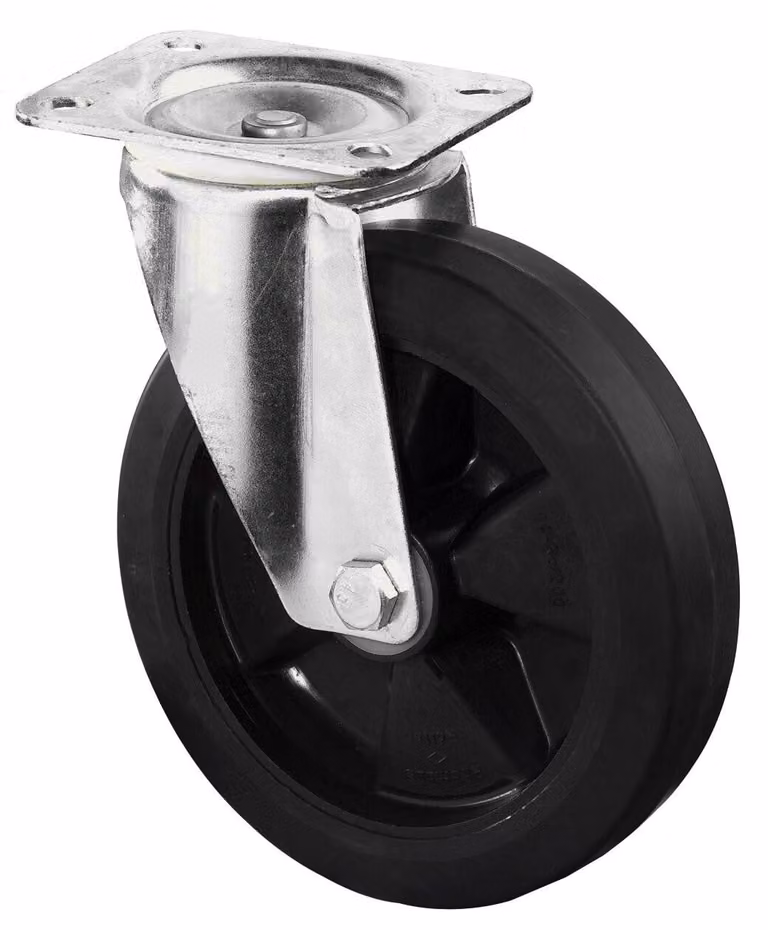 Rueda giratoria BS con neumático de goma maciza negra, diámetro 200 mm, capacidad de carga 300 kg y placa de montaje de 138 x 109 mm - L400.B60.200