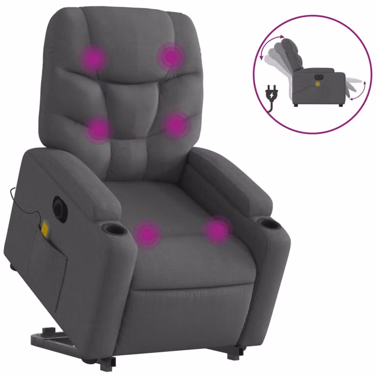 Sillón de masaje eléctrico reclinable y elevable vidaXL en tela gris oscuro con reposabrazos para mayores