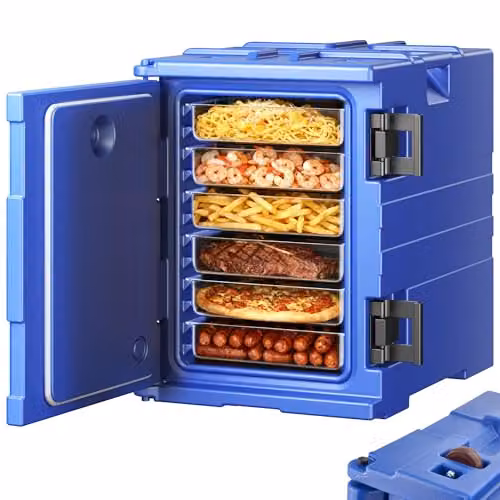 Caja térmica para alimentos VEVOR de 90 L con compartimentos, apilable y de carga frontal, color azul, An/P/Al: 64,5 x 44,5 x 62 cm