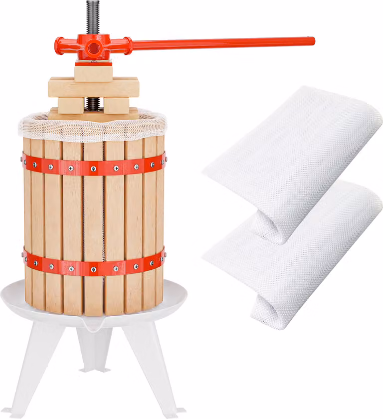 Prensa para frutas Wiltec de 18 litros en madera marrón para elaborar mosto, zumos o vino, incluye 3 paños de presión