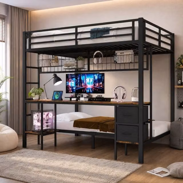Cama alta infantil MODENVIE con escritorio, estantes, cajones, iluminación LED y puerto USB, color negro, An/P/Al: 200 x 140 x 180 cm