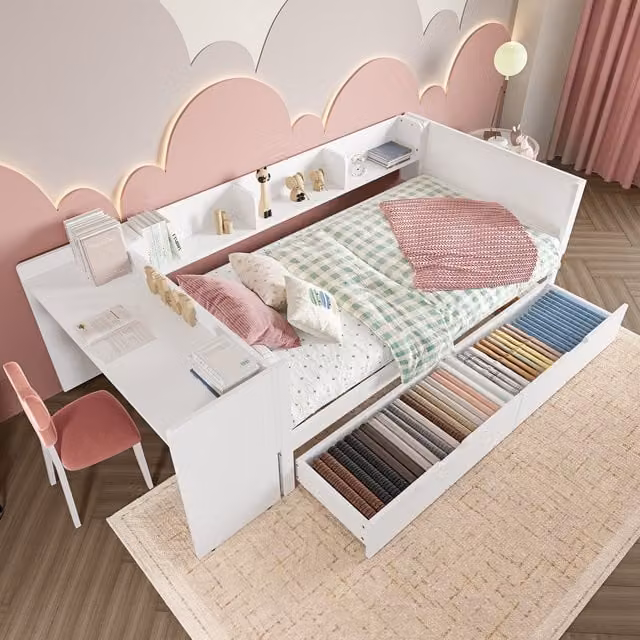 Cama individual elevada MODENVIE en pino y madera blanca con cajones, An/P/Al: 90 x 200 x 150 cm
