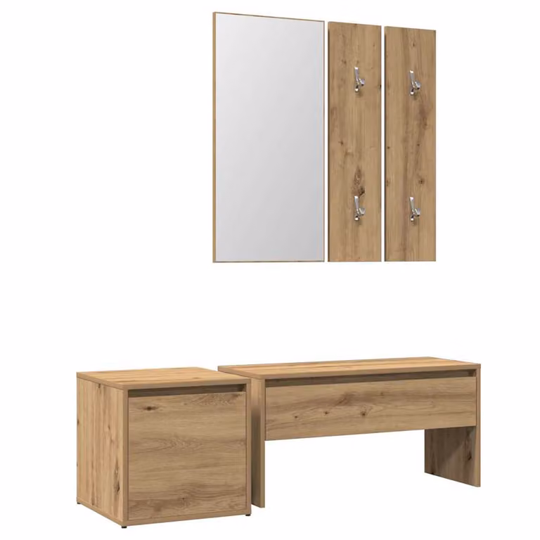 Set de muebles de recibidor moderno vidaXL de madera de roble en color marrón con banco, espejo, estante de pared y zapatero