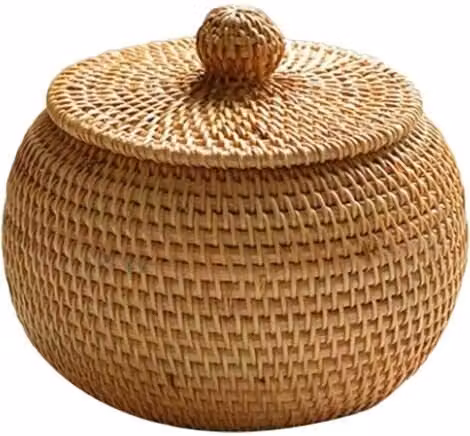 Cesta de almacenamiento de ratán natural MIMIY con tapa y tejido abierto, disponible en marrón o azul, An/P/Al: 15 x 15 x 12 cm