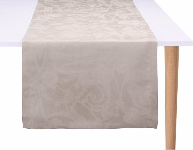 Camino de mesa Tivoli Le Jacquard Française de lino damasco beige con diseño floral de 150 x 50 cm