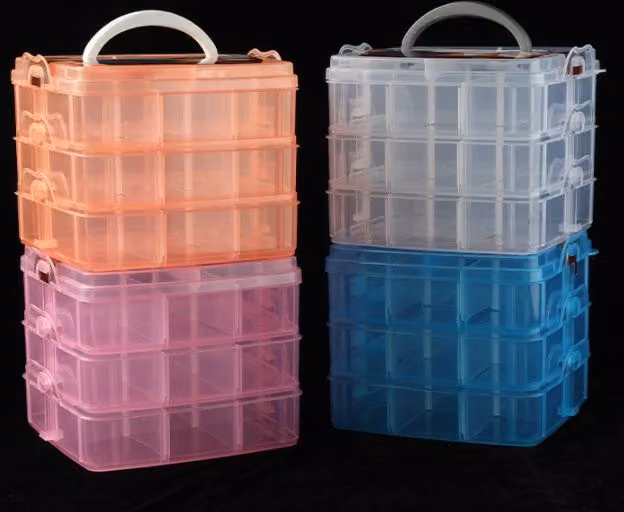 Caja de almacenamiento apilable KEABBA de plástico transparente con 6 niveles en rosa y naranja, con compartimentos ajustables y tapa para organizar juguetes, joyas o suministros