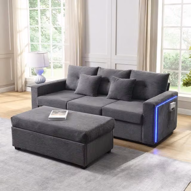 Sofá Modular de 3 Plazas con Otomana Extensible y Luz LED Kellany en Gris de Pana con 5 Cojines y Función de Cama