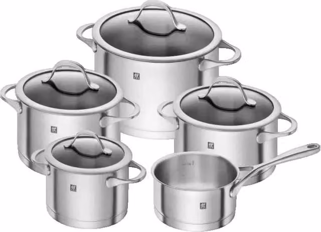Batería de cocina Essence de Zwilling de 5 piezas en acero inoxidable y cristal color plata