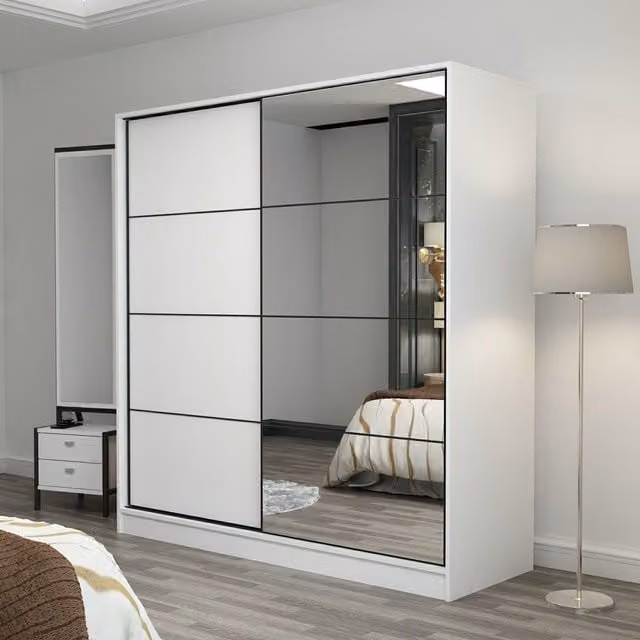 Armario de dormitorio DMORA con 2 puertas correderas, espejo y estantes, color blanco, An/P/Al: 180 x 52 x 190 cm