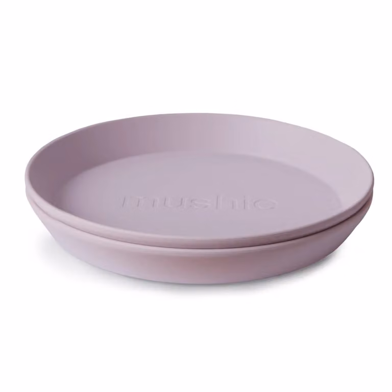 Pack de 2 platos infantiles Mushie en color rosa y morado aptos para microondas y lavavajillas